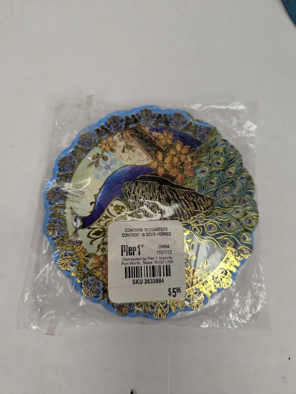 Pier 1 Peacock 4 Foil Glass App Plates Set And 15 Pc Die Cut Coasters Set Bundle